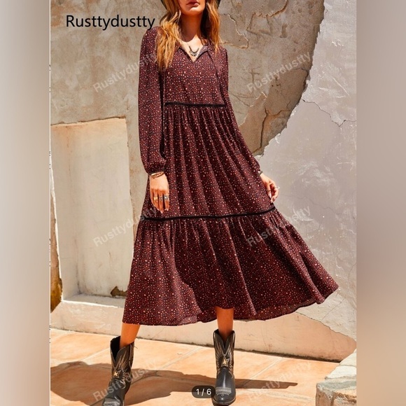SHEIN Dresses & Skirts - RusttyDustty Tie Neck Tiered Ruffled Smock Midi Dress - Size L